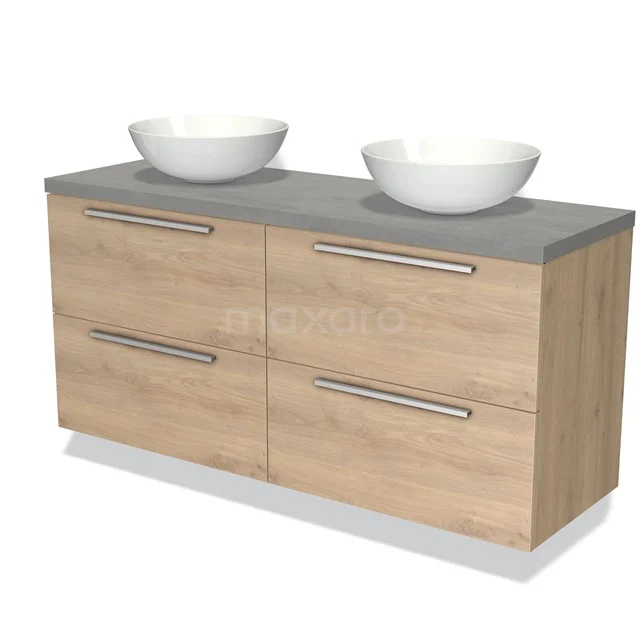 Houten badkamermeubel met dubbele wastafel, natuurhouten finish en grijze bovenblad. Modern design, ideaal voor elke badkamer.