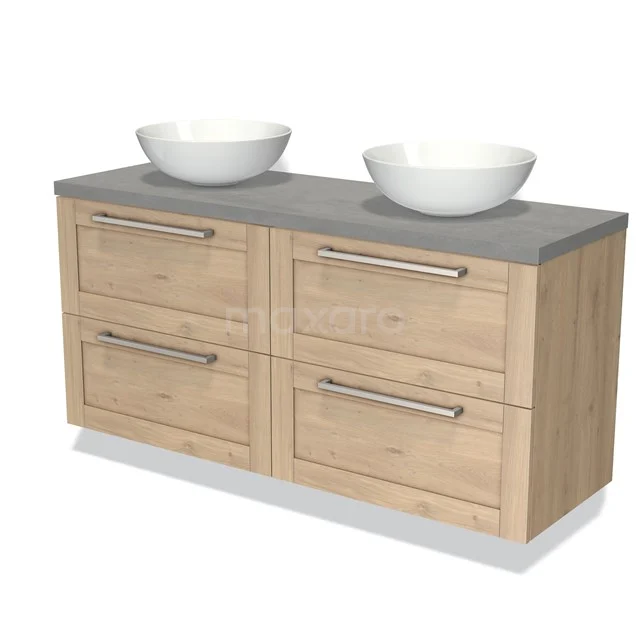 Houten badkamermeubel met twee witte waskommen, grijze stenen blad en vier brede lades. Modern ontwerp voor stijlvolle badkamers.