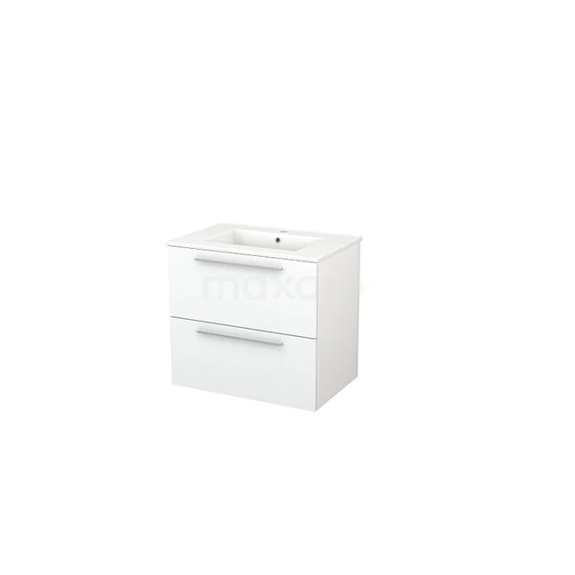 High-gloss white bathroom unit with two drawers and ceramic basin, sleek design for modern bathrooms.