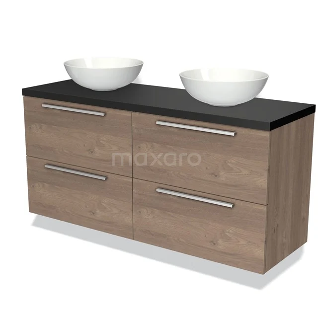 Houten badkamermeubel met dubbele witte wastafels, zwarte onderplaat en chromen handgrepen; modern design.