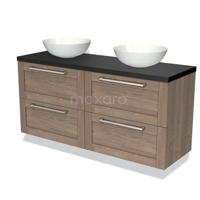 Houten badkamermeubel met dubbel wastafelblad, walnootkleur, vier ruime lades en twee witte ovalen waskommen.