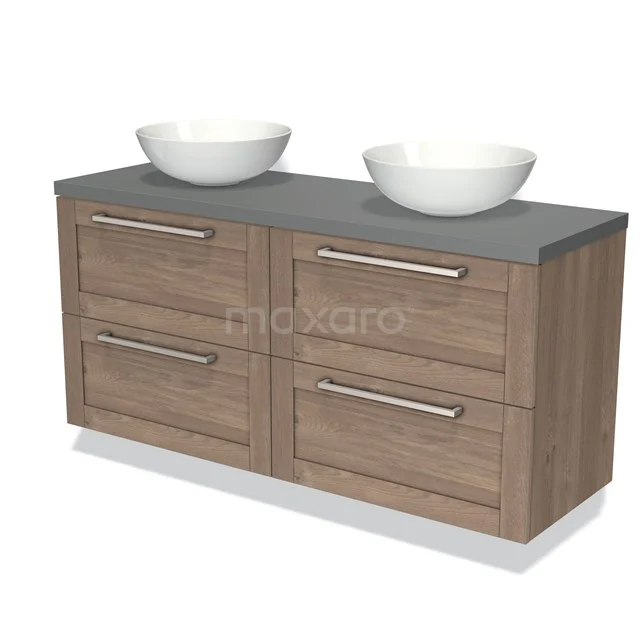 Hölzernes Badmöbel mit doppelten Aufsatzwaschbecken, grauer Platte und 4 Schubladen, modernes Design für stilvolle Bäder.