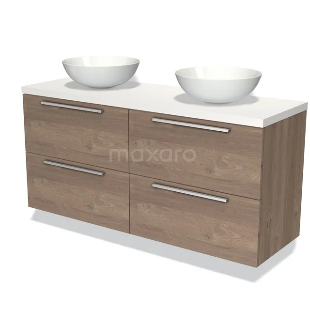 Houten badkamermeubel met dubbele waskommen, moderne ladegrepen en een witte wastafel, perfect voor een luxe badkamer.