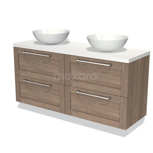 Houten badkamermeubel met dubbele waskommen, vier lades en een witte wastafelblad, ideaal voor een moderne badkamerstijl.
