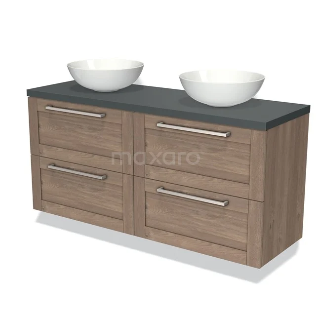 Wooden bathroom unit with modern double basin, a black natural stone worktop and four drawers for storage space.