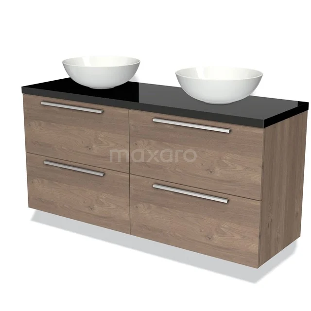 Houten badkamermeubel met zwarte glazen wastafelblad en dubbele witte waskommen, modern design met chromen handgrepen.