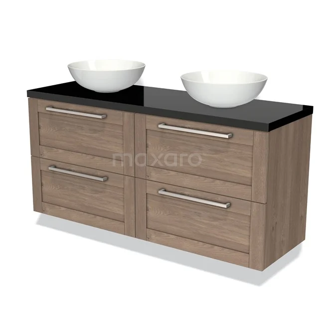 Houten badkamermeubel met dubbele waskommen, zwart blad, moderne lades en RVS grepen voor een stijlvolle badkamer.