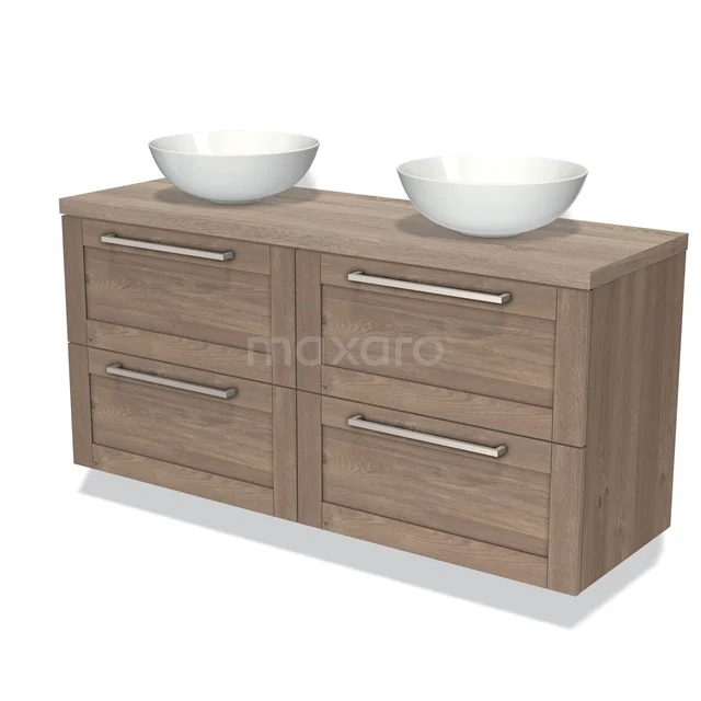 Houten badkamermeubel met twee witte waskommen, vier lades met metalen grepen, modern design en natuurlijke uitstraling.
