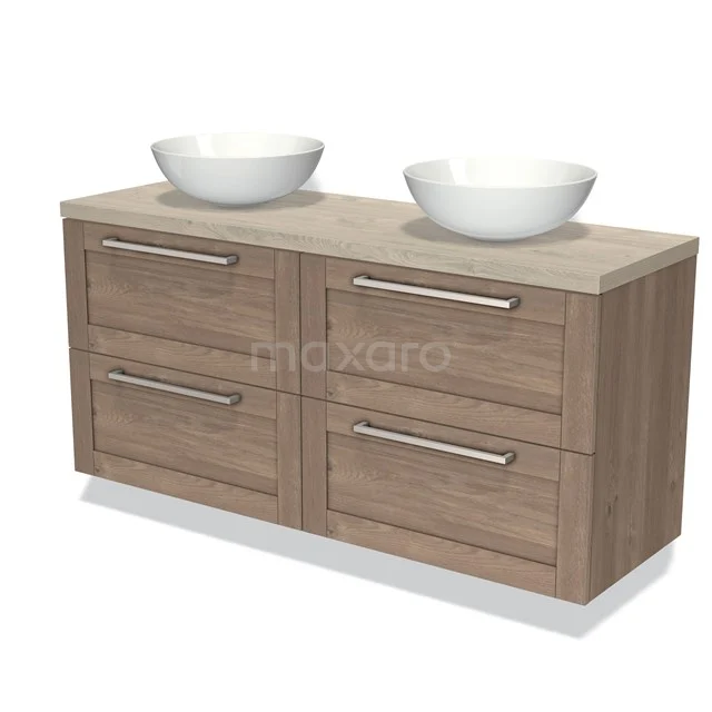 Houten badkamermeubel met dubbele waskommen, moderne designlook, vier lades en metalen handgrepen, ideaal voor ruime badkamers.