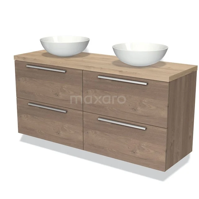 Holz Badezimmermöbel mit doppel Waschtischplatte, weißen Schalen und vier Schubladen, modernes Design in Eicheoptik.