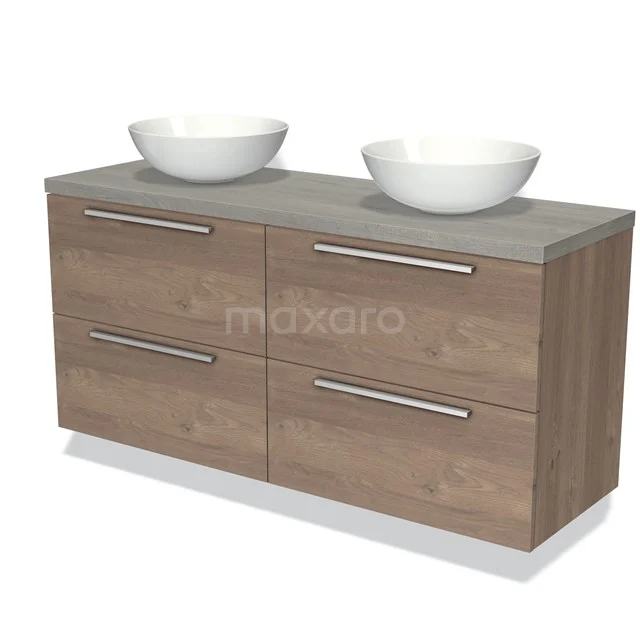 Houten badkamermeubel met dubbele waskommen, vier lades en een grijze bovenkant; modern design voor stijlvolle badkamers.