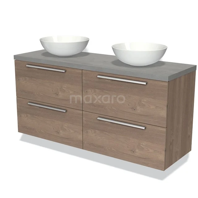 Houten badkamermeubel met grijze stenen blad, dubbele waskommen en vier lades, ideaal voor moderne badkamerinrichting.