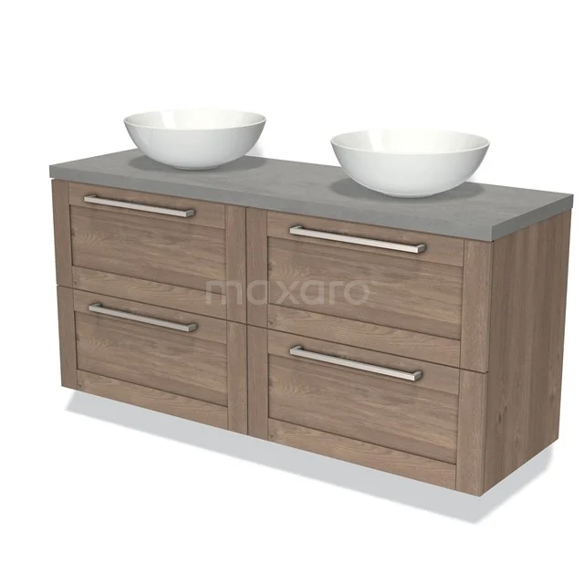 Wooden bathroom unit with four drawers, grey stone worktop and two white countertop wash basins, ideal for modern bathrooms.