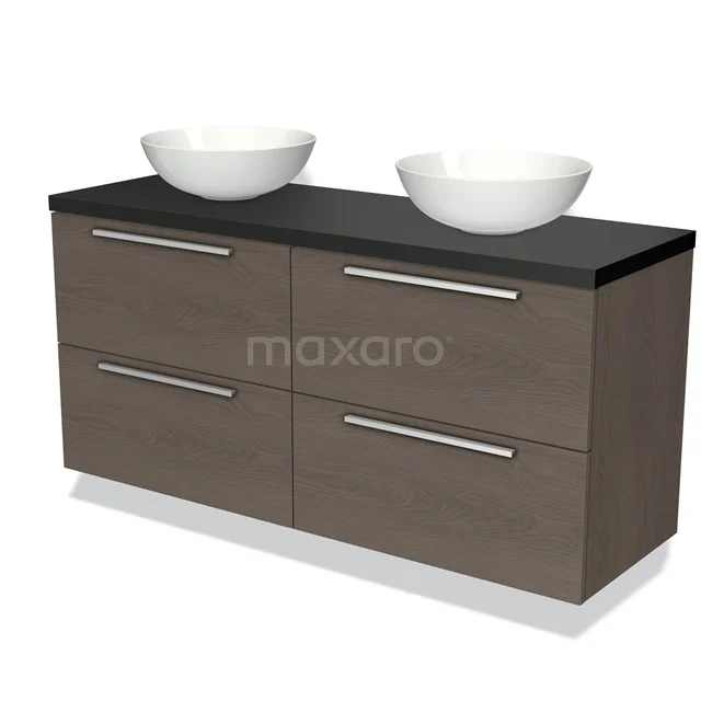 Holz-Badmöbel mit dunklem Waschbecken, doppelten Aufsatzwaschbecken und vier Schubladen. Perfekt für eine stilvolle Badezimmergestaltung.
