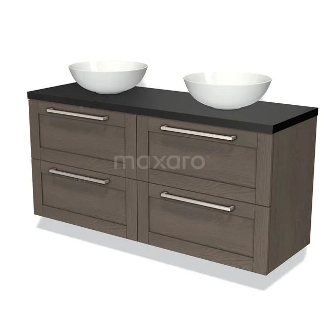 Wooden bathroom unit with anthracite worktop, double white countertop wash basins and four drawers, modern design.