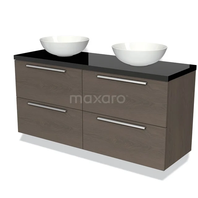 Houten badkamermeubel met donkere glazen bovenblad, dubbele waskommen en vier lades, modern design.