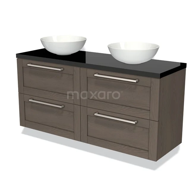 Badmöbel für Waschtischunterschrank mit Konsole 140cm Modulo Plato dunkelbraune Eiche 4 Schubladen Rahmen Hochglanz Schwarz Platte BMK18-00879 Holz-Badmöbel mit dunkler Waschtischplatte, doppelten weißen Aufsatzwaschbecken und vier Schubladen, perfekt für moderne Bäder.