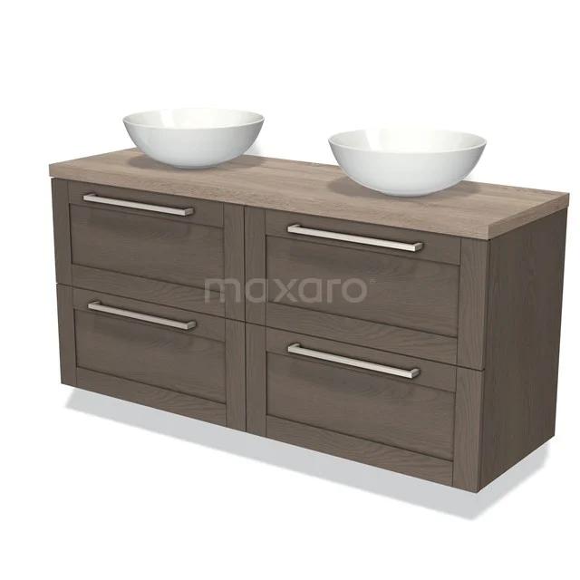 Houten badkamermeubel met dubbel waskomdesign, donkerbruin eiken, vier lades met zilveren handgrepen, ideaal voor moderne badkamers.