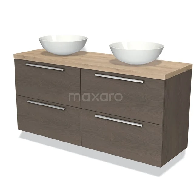 Houten badkamermeubel met dubbele waskom, modern design en vier softclose lades, perfect voor een stijlvolle badkamer.
