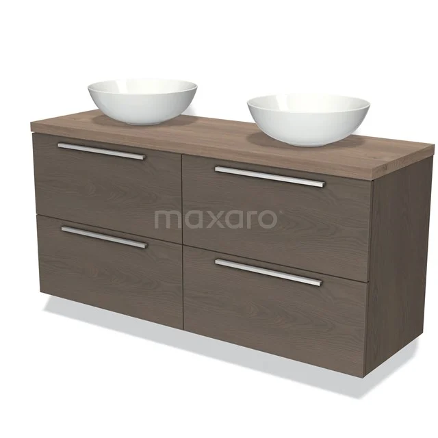 Dubbele wastafelonderkast houtlook met vier lades, RVS handgrepen en opzetkommen, perfect voor moderne badkamers.