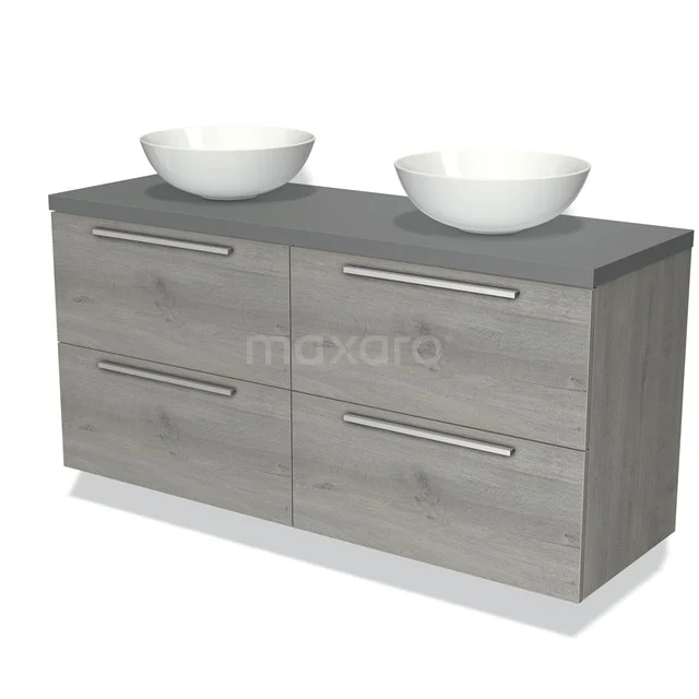 Grijze houten badkamerkast met dubbele waskom, modern ontwerp met vier lades en metalen handgrepen.