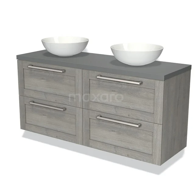 Houten badkamermeubel, grijze eikenlook met vier lades en twee witte waskommen, ideale opbergruimte voor de badkamer.