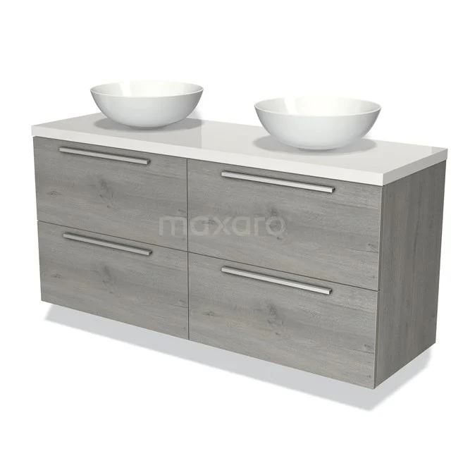 Modulo Plato Badmöbel mit Aufsatzwaschbecken | 140 cm Graue Eiche Flach front Hochglanz Weiß blatt 4 Schubladen BMK18-00898 Holz Badezimmermöbel mit grauer Eiche-Optik, weißen doppelten Aufsatzwaschbecken und vier geräumigen Schubladen für praktischen Stauraum.