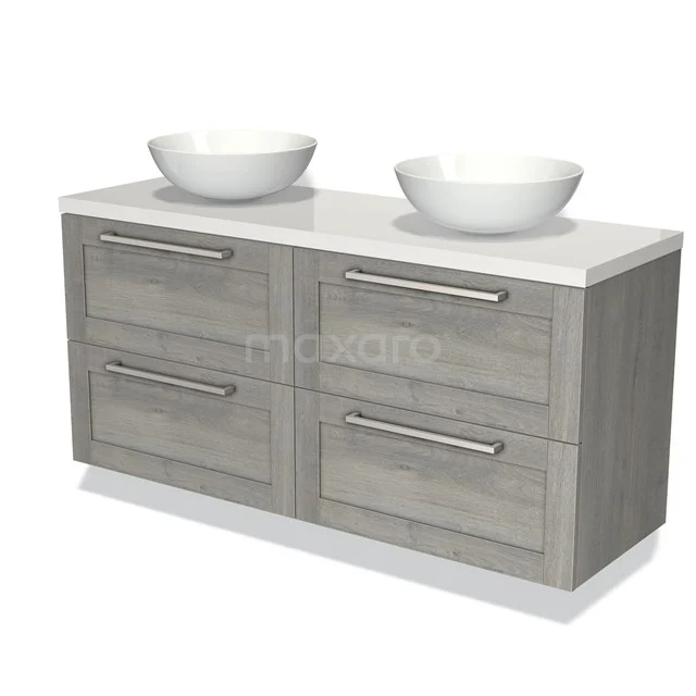 Grey wooden Bathroom unit with double basin, four drawers and modern handles, perfect for a stylish bathroom.