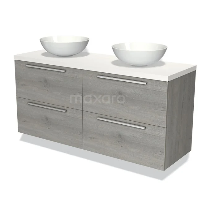 Grijze houten wastafelmeubel met dubbele witte waskommen, strak design voor de moderne badkamer.