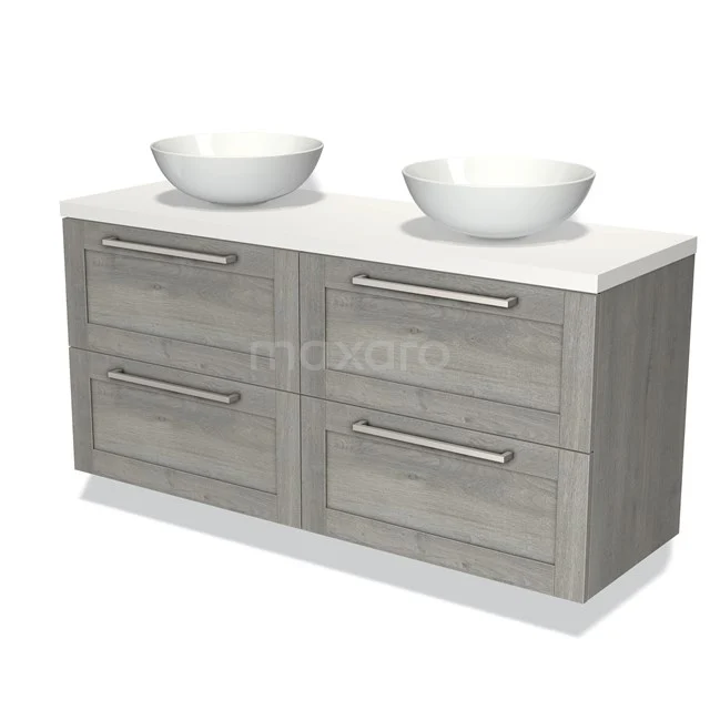 Dubbele wastafel met grijs houten ladekast en witte keramische waskommen, ideaal voor moderne badkamers.