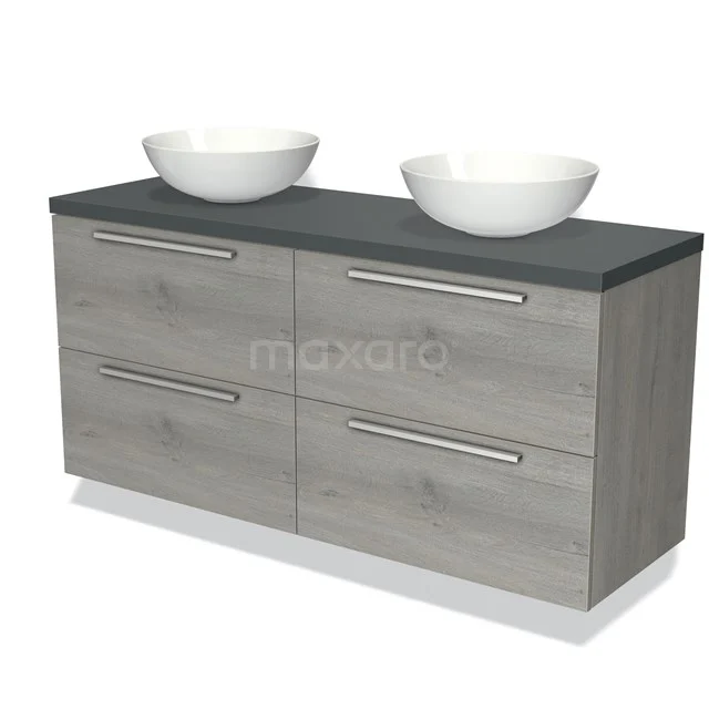 Houten badkamermeubel met grijze wastafelblad en dubbele witte opzetwastafels, modern design en ruime opbergladen.