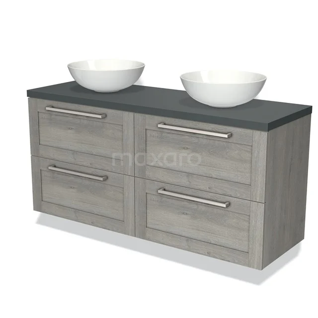 Wooden bathroom unit with grey veneer look, double ceramic bowls, four drawers and metal handles.