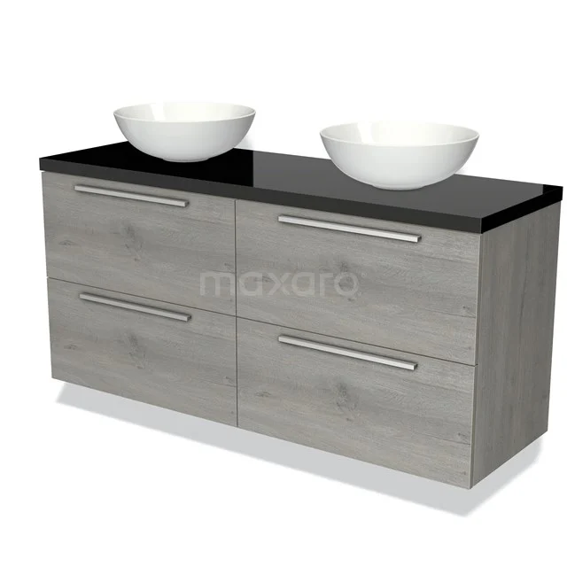 Houten badkamermeubel met grijze finish, zwarte glazen wastafelblad en dubbele witte waskommen, modern design.