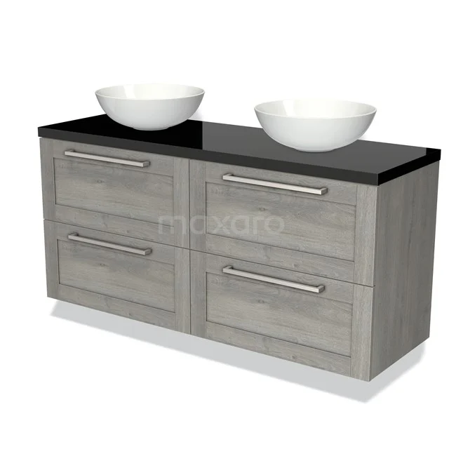 Grey wooden bathroom unit with black worktop and double white countertop wash basins, sleek design for modern bathrooms.
