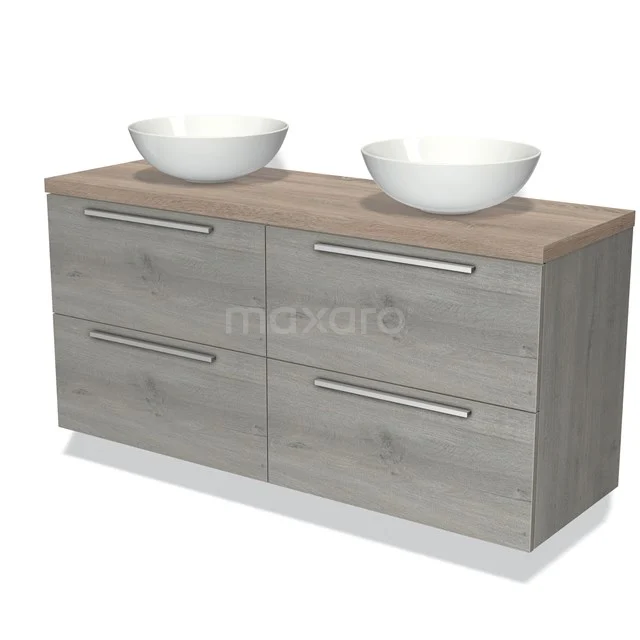 Houten badkamermeubel met twee witte waskommen, grijs eiken look, vier lades met zilverkleurige grepen.
