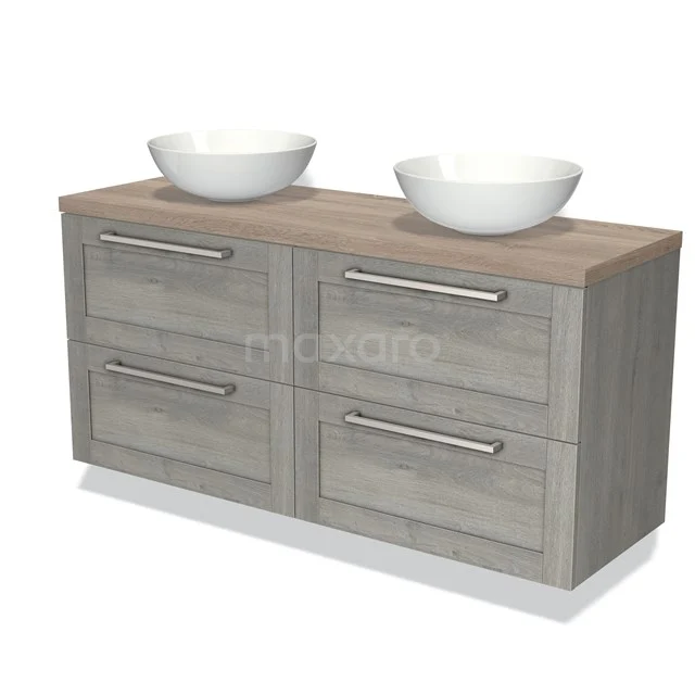 Houten badkamermeubel met dubbele witte waskommen, grijze laden en metalen grepen, modern design voor stijlvolle badkamers.