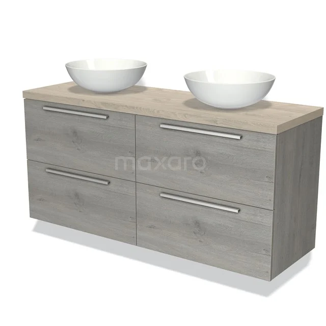 Houten badkamermeubel met natuurlook, twee waskommen en vier lades, perfect voor een moderne en praktische badkamerinrichting.