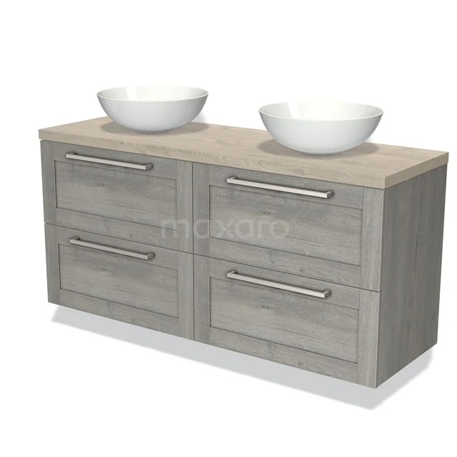 Holz Badezimmermöbel mit Doppelwaschbecken, graue Eiche Optik, vier Schubladen mit Metall Haltegriffen, modernes und praktisches Design.