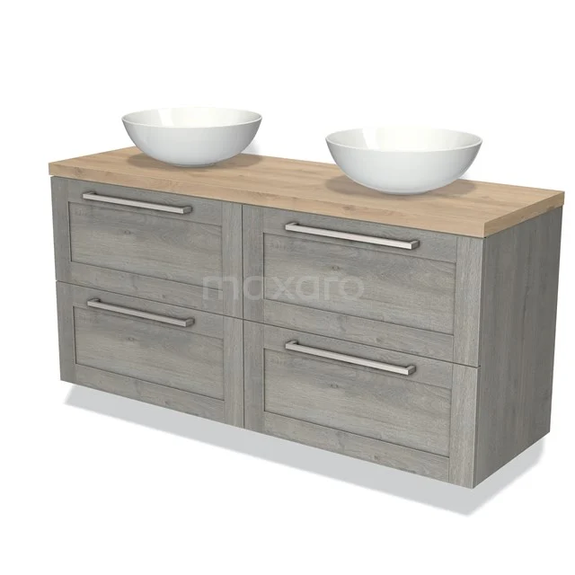 Graues Holz Badezimmermöbel mit Doppelwaschbecken, vier Schubladen und einer warmen Eichen Platte für einen stilvollen Auftritt.