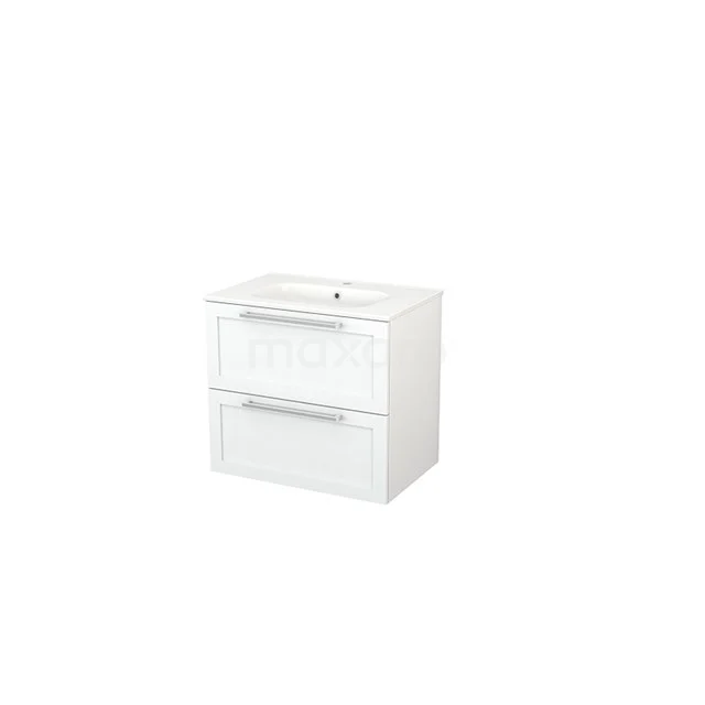 Modulo+ Bathroom furniture with sink | 70 cm Matte white Frame front Ceramic 2 Stacked drawers BMP002550 White Bathroom unit with two drawers, ceramic basin and modern metal handles, ideal for a sleek bathroom design.