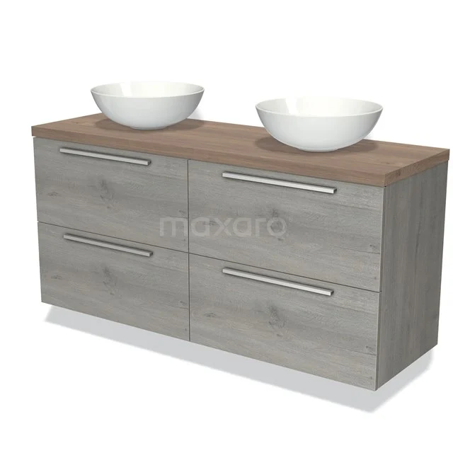 Badkamermeubel houtlook met dubbele wastafel, witte keramische waskommen en vier lades, modern en stijlvol design.