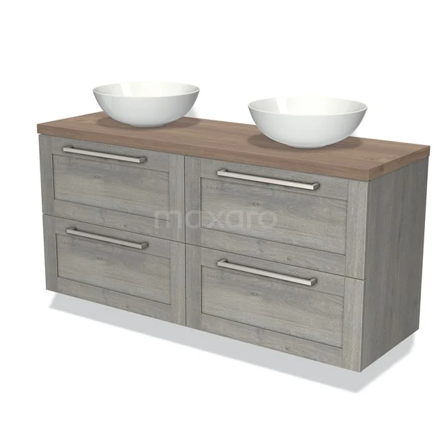 Grey wood bathroom unit with four drawers, two white countertop wash basins and a warm oak worktop; stylish and modern.