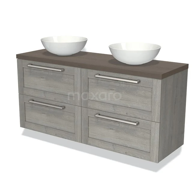 Grey wooden bathroom unit with double vanity units for countertop wash basins and metal handles, ideal for modern bathrooms.