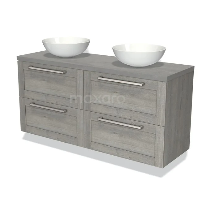 Houten badkamermeubel met grijze afwerking en dubbele waskommen, modern design, ideaal voor stijlvolle badkamerinrichting.