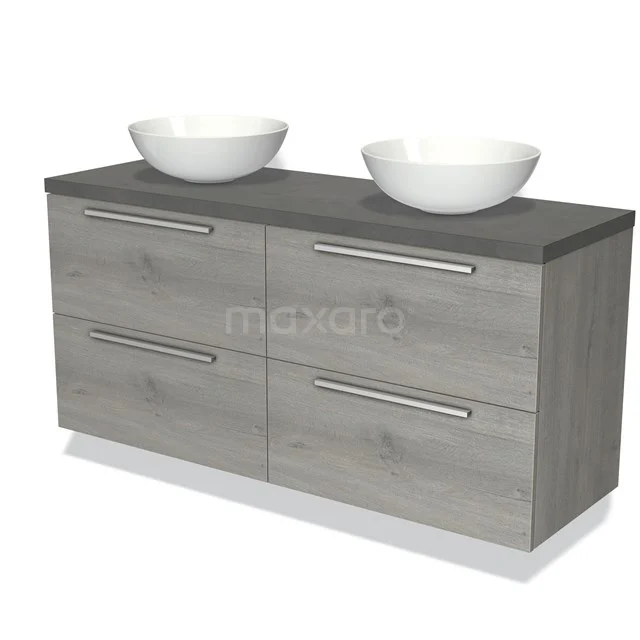 Wooden bathroom unit with double basin, grey finish and four drawers, ideal for a modern bathroom.