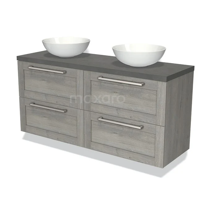 Grijze houten badkamermeubel met dubbele wastafel, vier lades en een strak modern design, ideaal voor een stijlvolle badkamer.