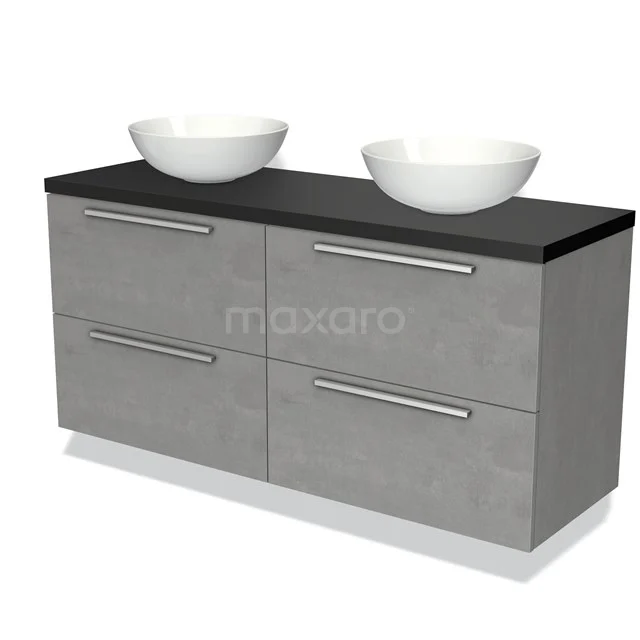 Grijs betonnen badkamermeubel met zwarte top, vier lades en twee witte wastafels; modern en strak design.