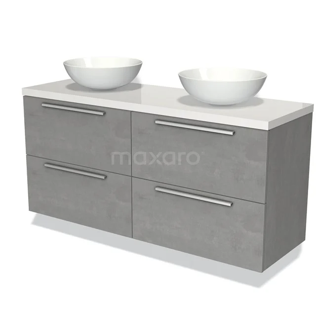 Grijze badmeubelset met dubbel wastafelblad, ronde witte waskommen, moderne handgrepen en strak design.