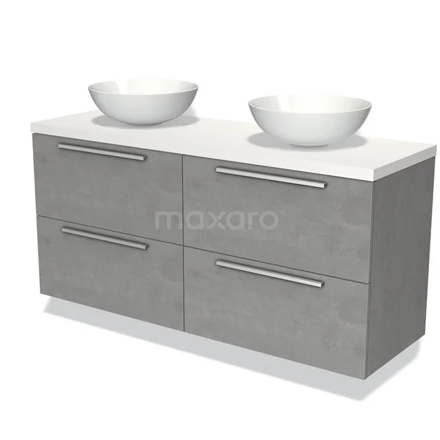 Grijze badkamermeubel met dubbele witte waskommen, moderne design, vier lades en chromen handgrepen.