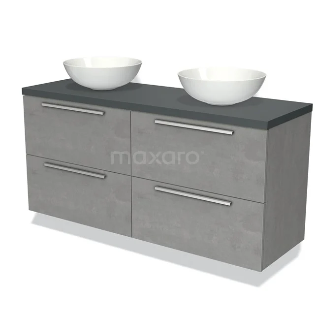 Grey bathroom furniture set with double countertop wash basins, sleek design and soft-close drawers, ideal for modern bathrooms.